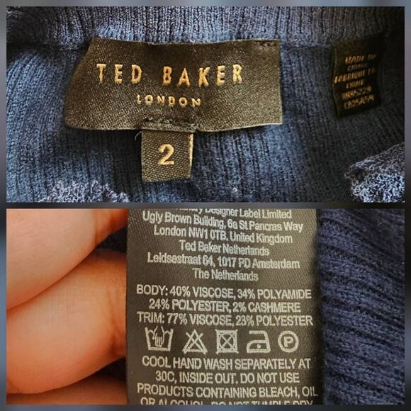 Ted baker Duana Sz 2 US S Midnight blue frill Neck detail light weight sweater - Picture 8 of 8
